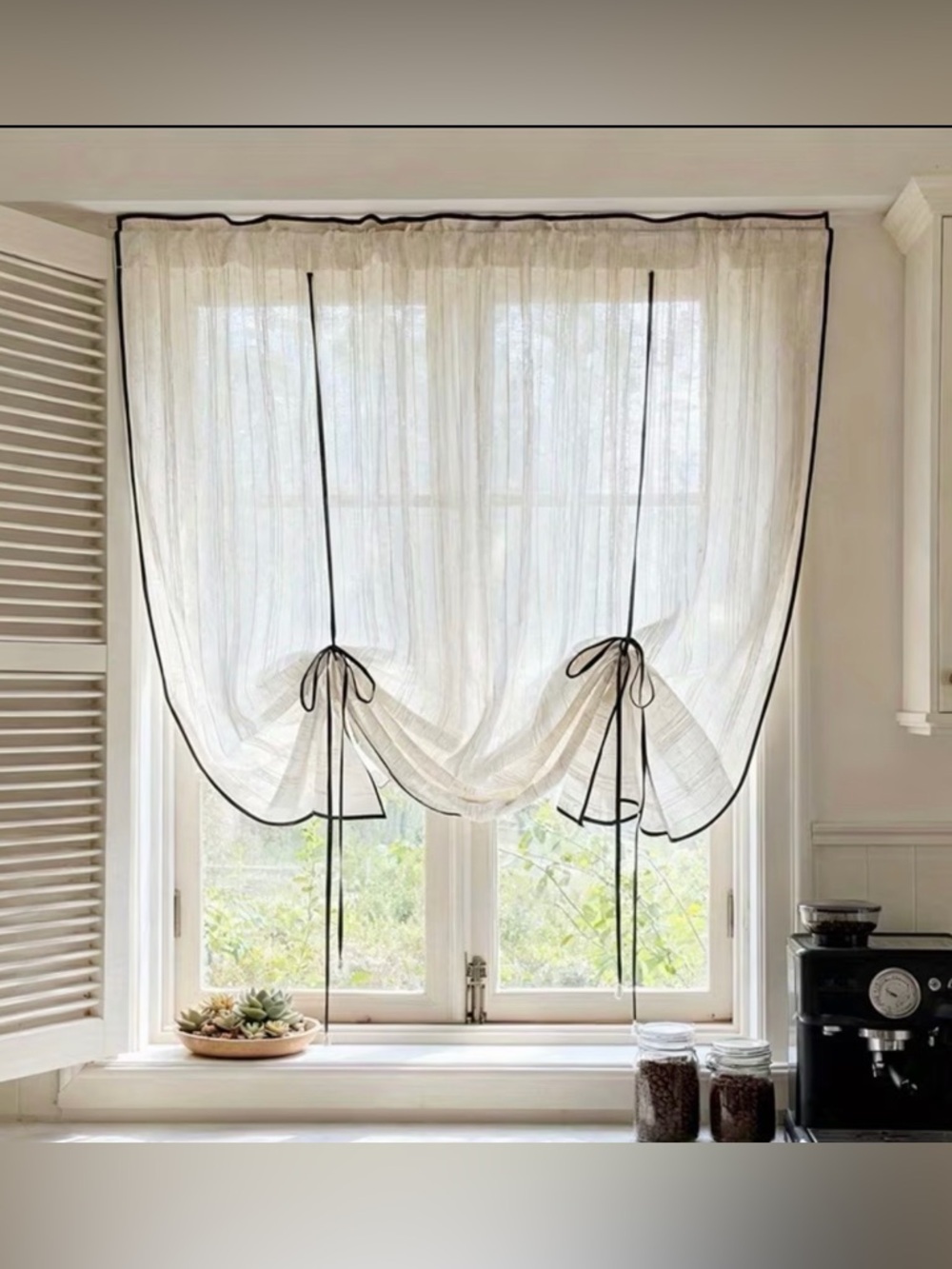 Sheer Tie-Up Cottage Villa Window Panel-Cream w/ Black Trim - 52”W x 63”L